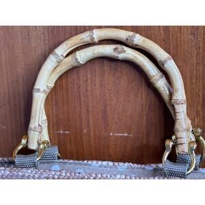 Croft & Barrow Straw Purse w/ Wood Handle Tan Polka Dotted Liner 4 Compartments